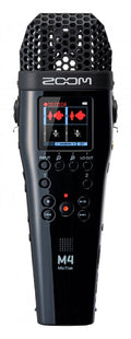 Front view of a black Zoom M4 MicTrak recording device with display and control buttons
