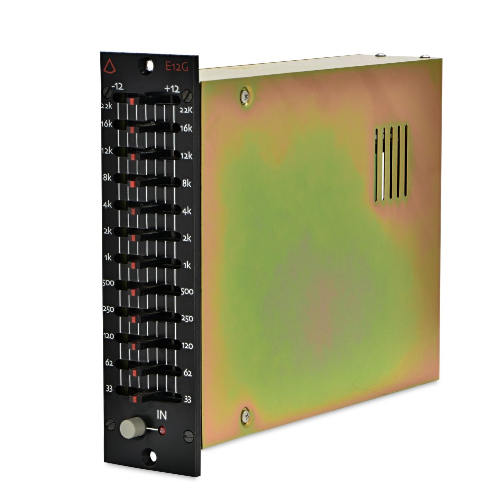 Metal audio processor module with eleven frequency sliders and one push button on front panel labeled E12G.