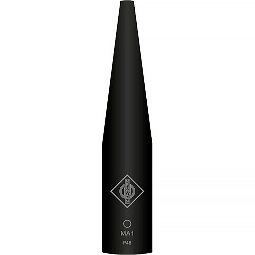 Black elongated microphone with tapering design and Neumann logo labeled MA1 P48.