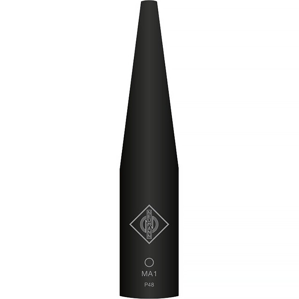 Black cylindrical microphone with tapered top and Neumann logo in white.