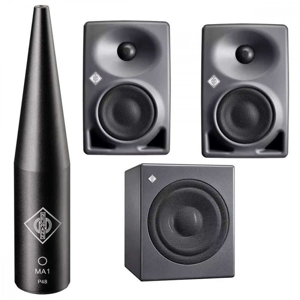 Two black studio monitors, one subwoofer, and one black device labeled NEUMANN MA1 P48 on a white background.