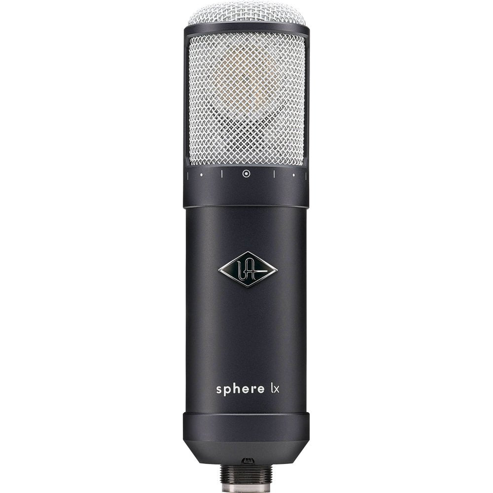 Black and silver studio microphone labeled sphere lx with a rotary dial and XLR connector.