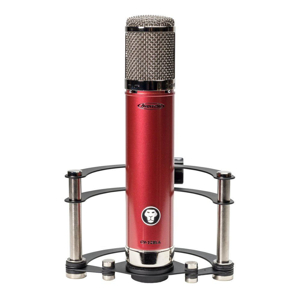 Red cylindrical microphone with silver mesh grille and black shock mount in front view.