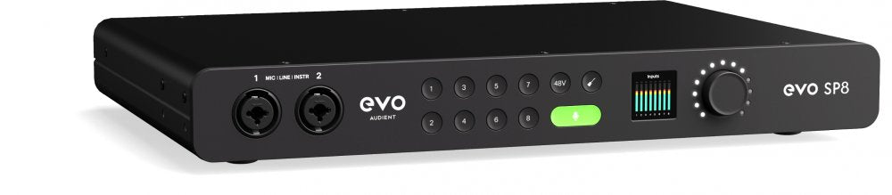 Black audio interface unit with multiple input buttons, two combo input jacks, LED meter, and a rotary knob on front panel.