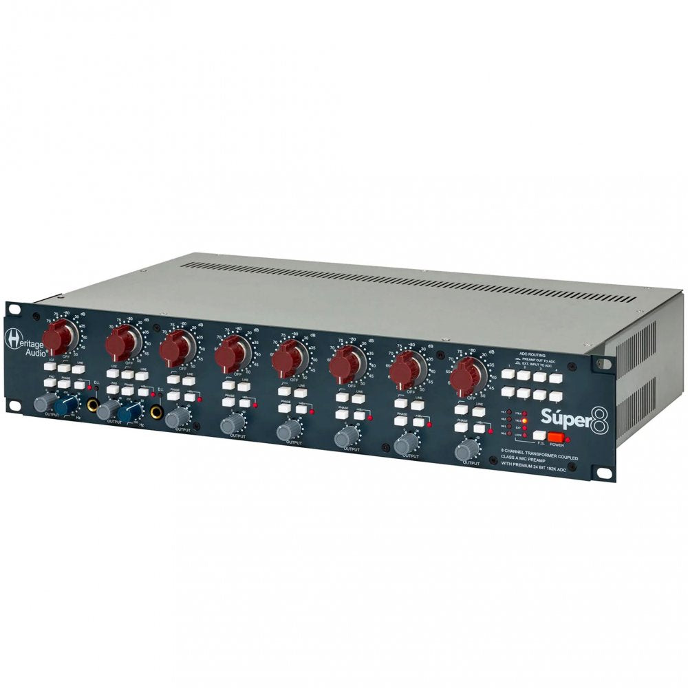Metal audio equipment rack unit with multiple red and gray knobs, buttons, and a 1/4 inch jack on the front panel.