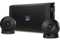 Two round black satellite speakers and a rectangular black subwoofer all branded with Kali logo