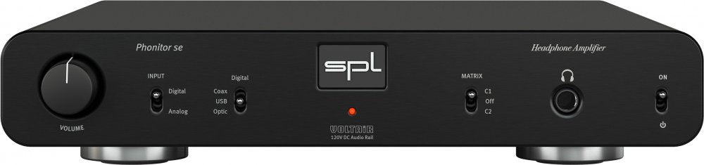 Front view of a black SPL Phonitor se headphone amplifier with various input switches and a headphone jack.