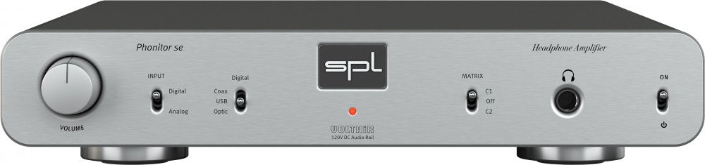 Front panel of a SPL Phonitor se headphone amplifier with volume knob, headphone jack, toggle switches, and indicator light.