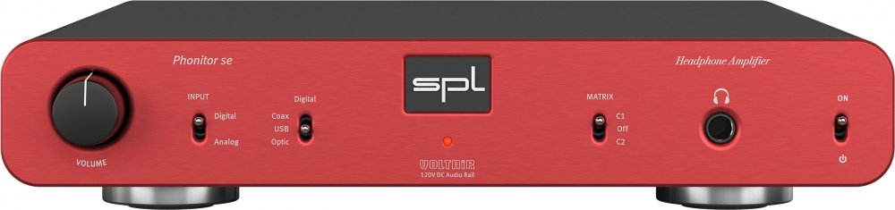 Red SPL Phonitor se headphone amplifier with volume knob, input switches, headphone jack, and power switch on front panel.