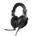 Black over-ear headphones with adjustable headband and attached microphone boom arm connected by cable.