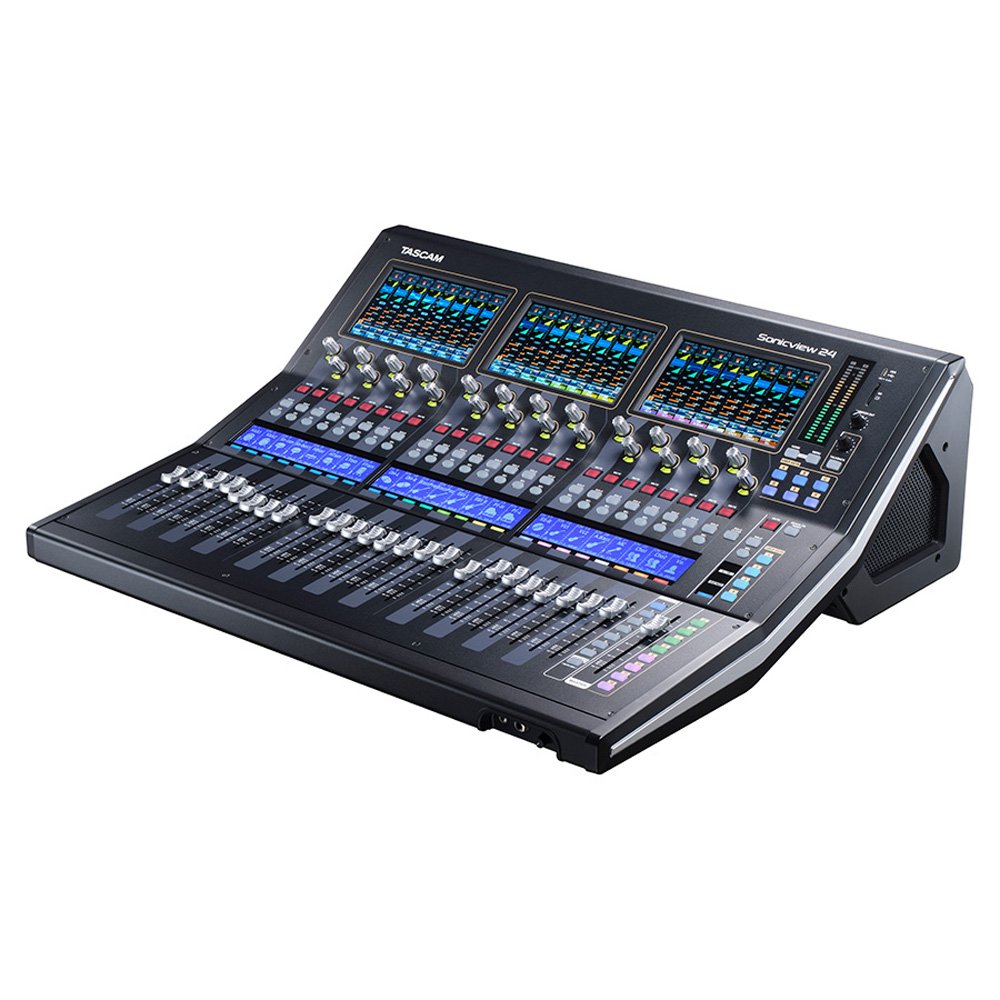 Black studio mixing console with multiple faders, knobs, buttons, and three colorful screens.