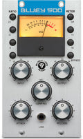 Silver audio processor front panel with blue label, VU meter, rotary knobs, buttons, and a jack connector.