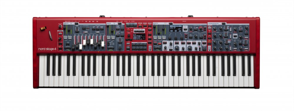 Red keyboard synthesizer with multiple knobs, faders, buttons, and display screens above the keys.