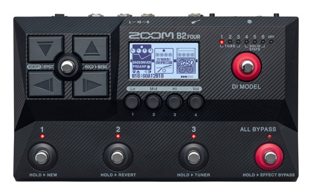 Top view of a black ZOOM B2 Four multi-effects pedal with various buttons, knobs, footswitches, and a display screen.