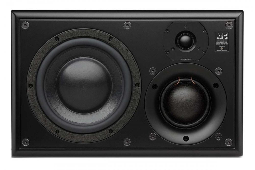 Black rectangular studio monitor speaker with three drivers and ATC Acoustic Engineers label.