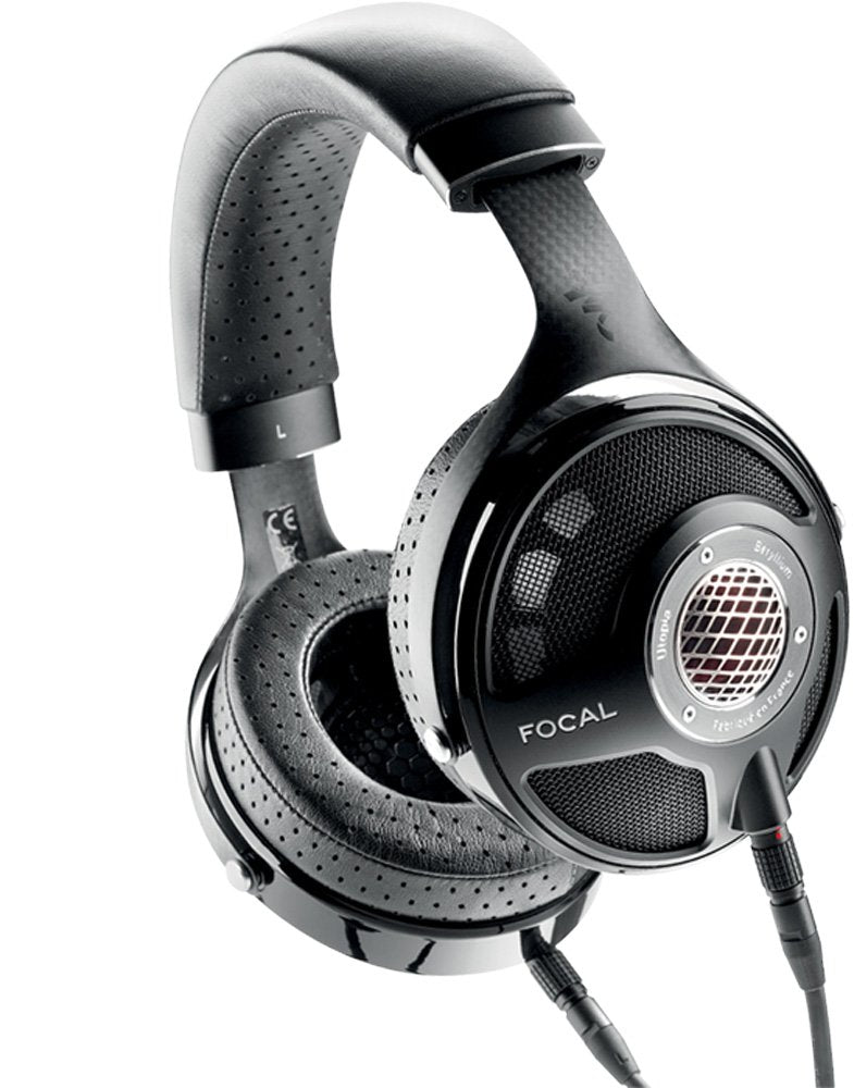 Black over-ear headphones with perforated ear cushions and detachable cables, showing FOCAL branding.