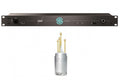 Black rackmount monitor controller panel with logo and controls above a silver measurement microphone with gold-tipped probes.