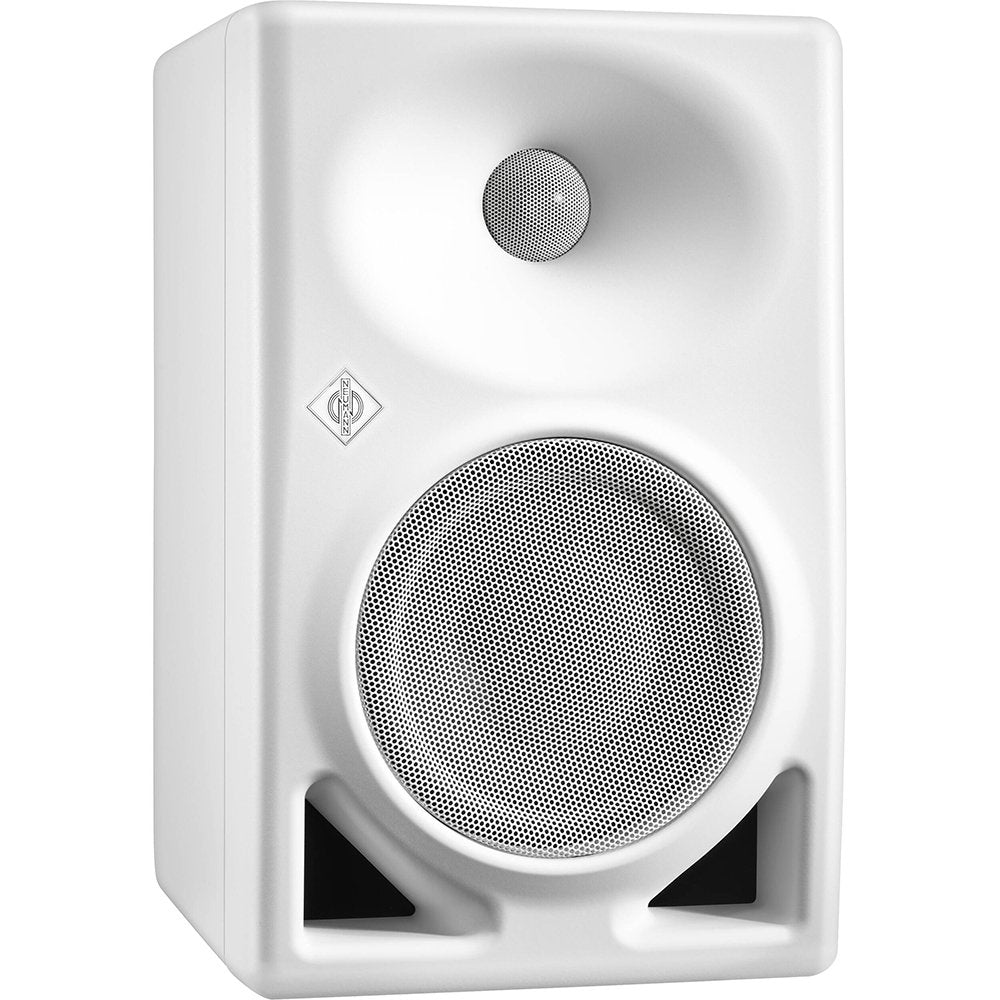 White studio monitor speaker with metal grills on tweeter and woofer and Neumann logo on front.