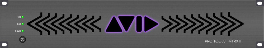 Front panel of a gray AVID Pro Tools MTRX II audio device with power button and status LEDs.