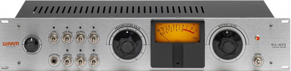 Silver and black rackmount audio preamp with knobs, switches, VU meter, and instrument jacks