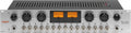 Silver dual channel tube mic preamp with two VU meters, multiple knobs, switches, and instrument jacks on front panel.