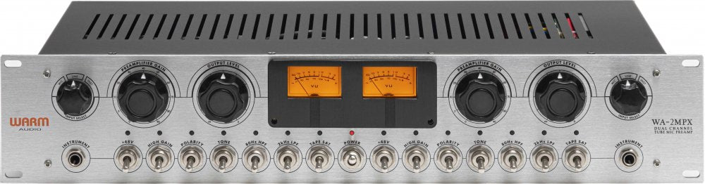 Silver dual channel tube mic preamp with two VU meters, multiple knobs, switches, and instrument jacks on front panel.
