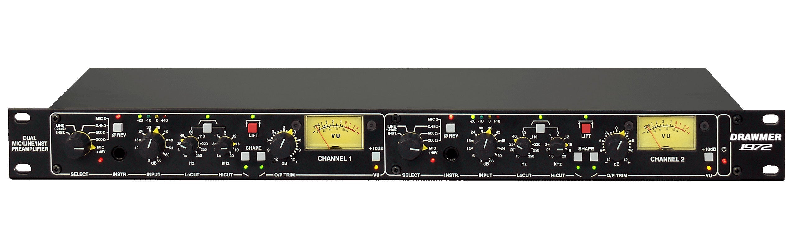 Front panel of a Drawmer 1972 dual microphone/line/instrument preamplifier with knobs, buttons, and VU meters.