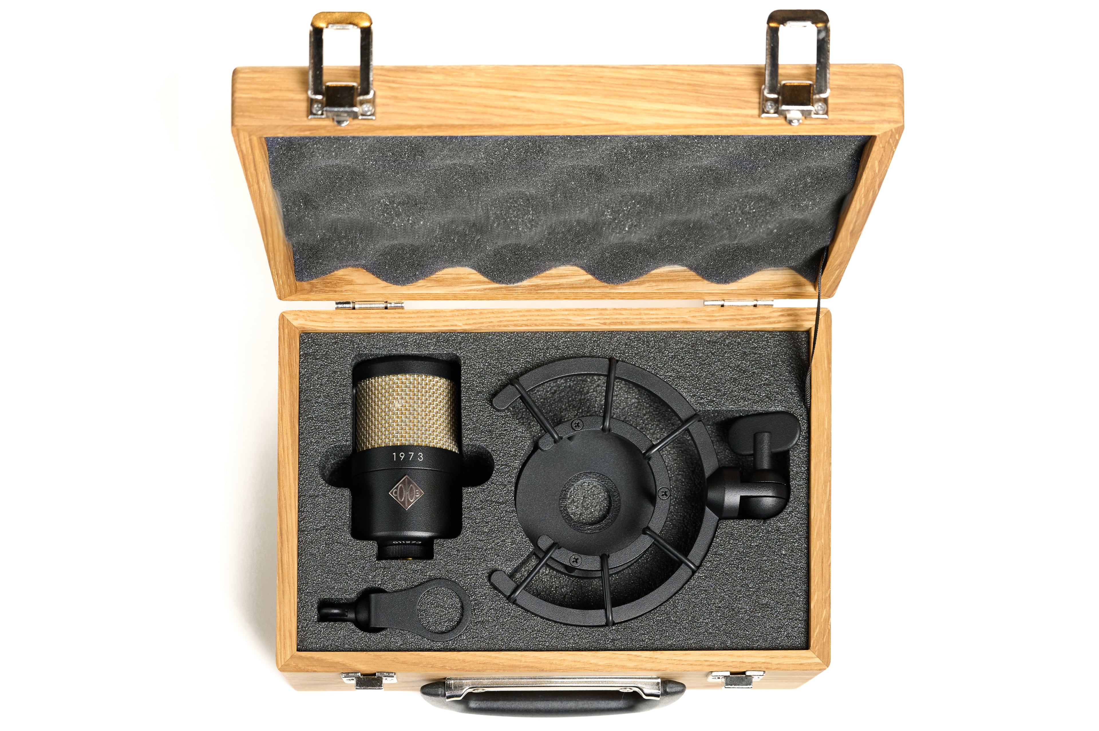 Black and gold Soyuz 1973 microphone capsule with shock mount and adapter in a wooden case with foam padding