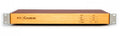 Front view of a rackmount audio device with wood front panel and button controls labeled with clock rates and settings.