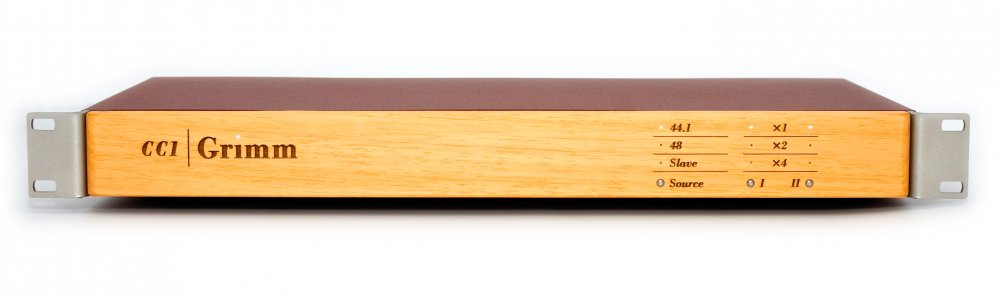 Front view of a rackmount audio device with wood front panel and button controls labeled with clock rates and settings.