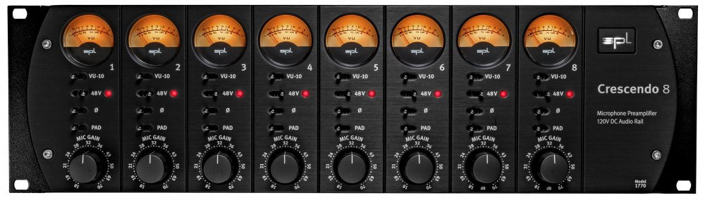 Front view of a black SPL Crescendo 8 microphone preamplifier unit with eight gain knobs and VU meters.