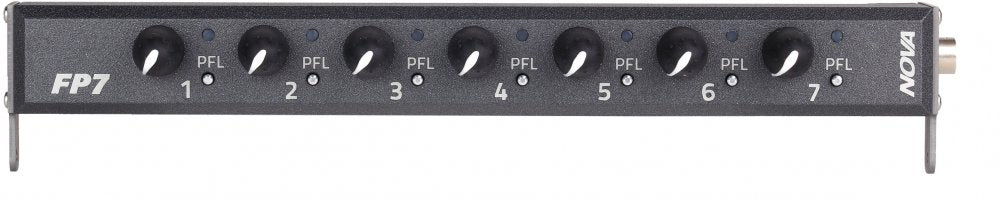 Front panel of an audio mixer with seven rotary knobs, each labeled PFL and numbered 1 to 7.