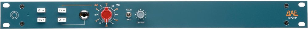 Blue audio equipment front panel with knobs, switches, and a 1/4 inch jack connection