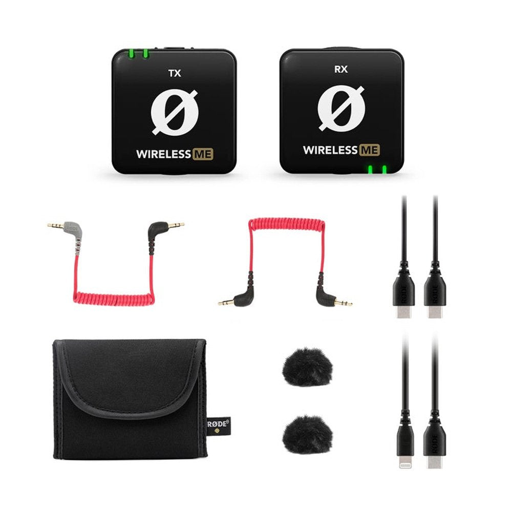 Wireless TX and RX units with cables, carrying pouch, and two furry windshields displayed on white background.