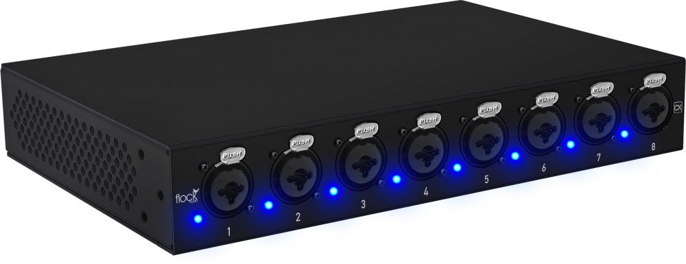 Black rectangular device with eight combo XLR/1/4 inch jacks numbered 1 to 8 each with a blue LED and push button above.