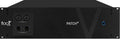 Black rackmount audio unit with four combo XLR-1/4 inch input jacks, four XLR male output jacks, and a blue push button.