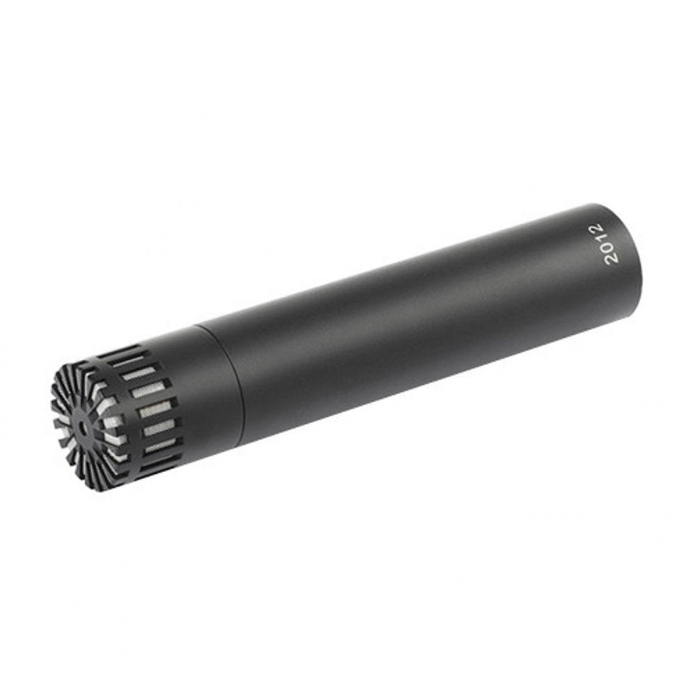 Black cylindrical microphone with grille on one end and model number 2012 on the other end.