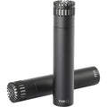 Two black studio microphone capsules with grille and mesh, one standing and one lying down.