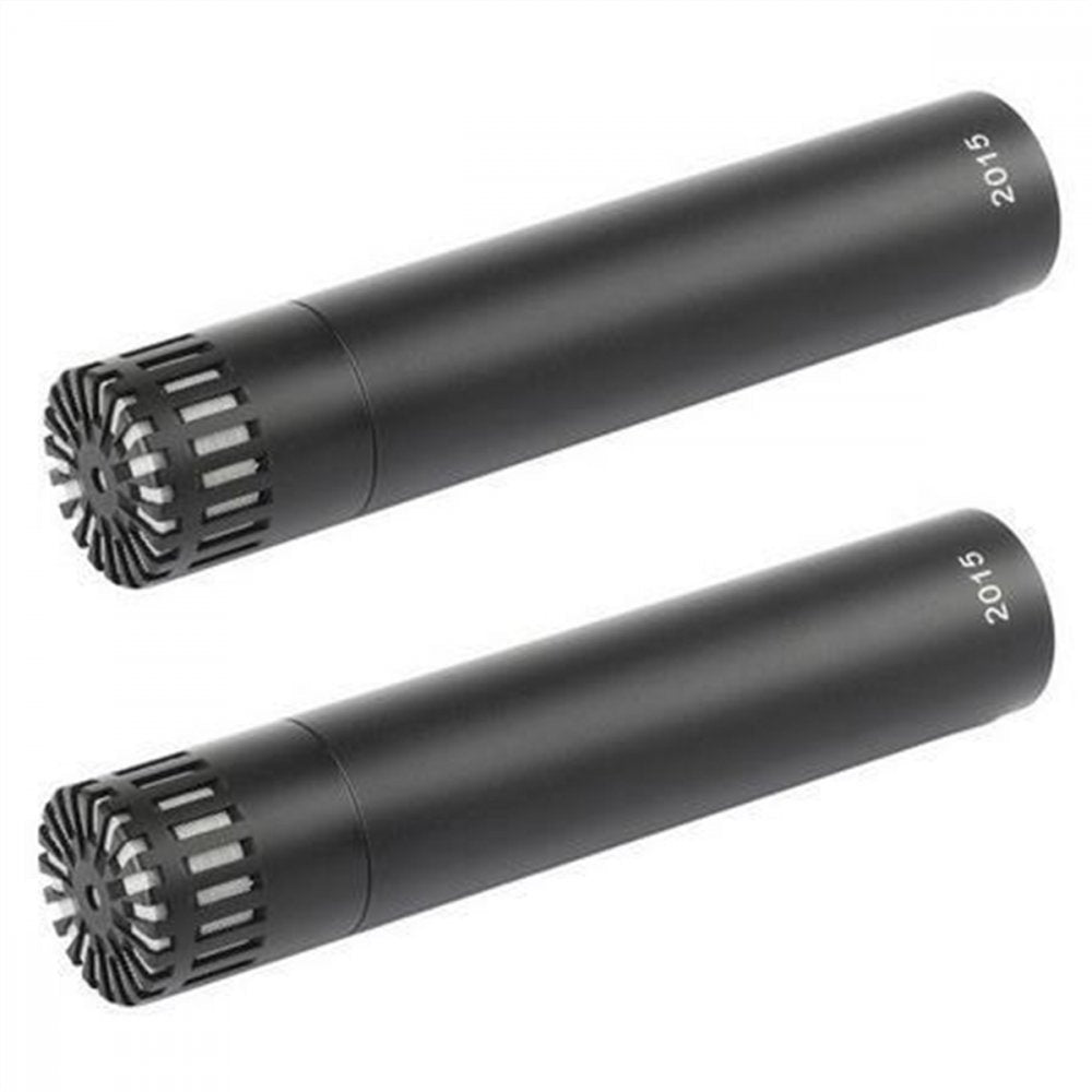 Two black cylindrical microphones with grille on one end and '2015' printed on the other end.
