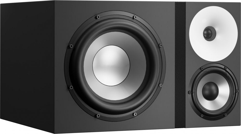 Black studio monitor speaker with two silver speaker cones and one white horn tweeter on the front panel.