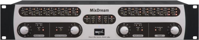 Front panel of a black and silver SPL MixDream audio mixer with knobs and buttons for various controls.