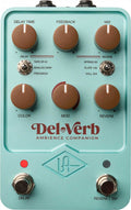Turquoise guitar effects pedal with six brown knobs, two toggle switches, and two foot switches labeled Delay and Reverb Tap.
