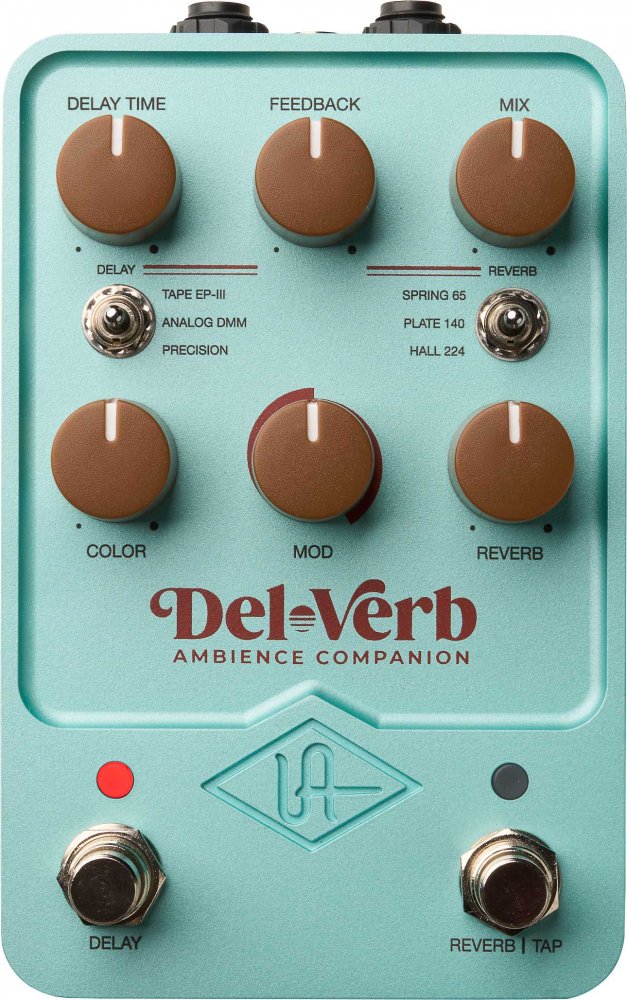 Turquoise guitar effects pedal with six brown knobs, two toggle switches, and two foot switches labeled Delay and Reverb Tap.
