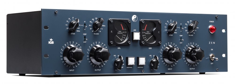 Front panel of a blue and black audio processing rack unit with knobs, meters, buttons, and power switch.
