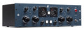 Front panel of a blue and black audio processing rack unit with knobs, meters, buttons, and power switch.