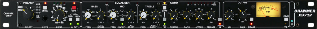 Front panel of a Drawmer 1979 audio channel strip with knobs, switches, a VU meter, and a 1/4 inch input jack.