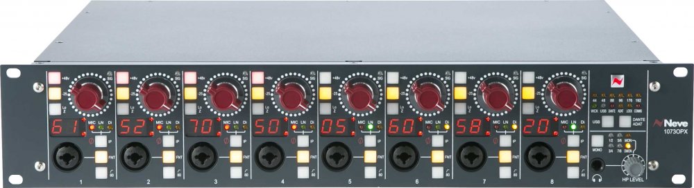 Front view of a Neve 1073OPX preamp with eight combo input jacks, rotary knobs, buttons, LED displays, and digital interface indicators.