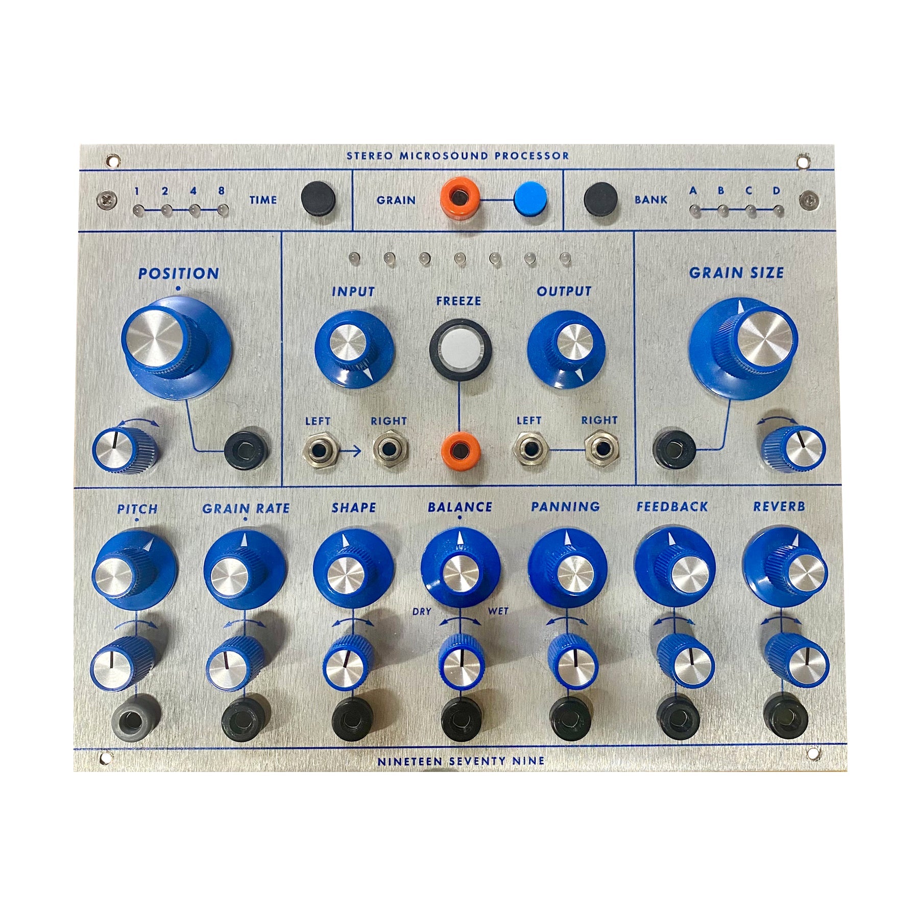 Front panel of a stereo microsound processor module with multiple knobs, switches, jacks, and buttons labeled in blue on a silver metal surface.