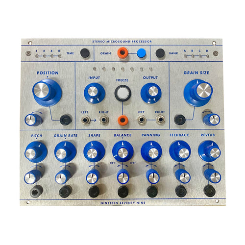 Front panel of a stereo microsound processor module with multiple knobs, switches, jacks, and buttons labeled in blue on a silver metal surface.
