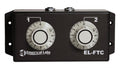 Black rectangular audio device with two numbered white rotary knobs and two 1/4 inch jacks on top.